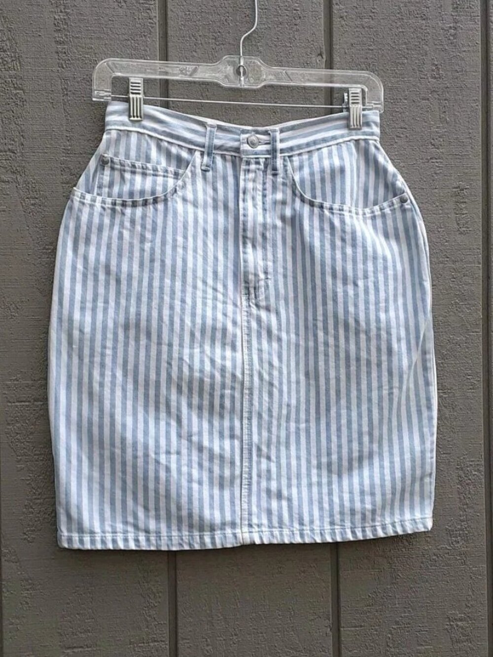 Vtg 90s Gitano Denim Skirt 26 Striped White Blue Jean 26" High Rise Waist 9/10